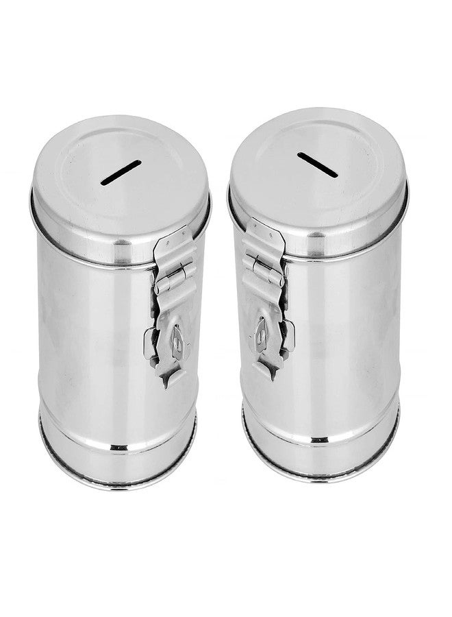 SVDK Stainless Steel Round Money Bank Gullak with Lock | Durable Reusable Metal Piggy Bank for Coins & Notes | Secure Savings Box for Kids & Adults (Silver, Pack of 2) - Image 1